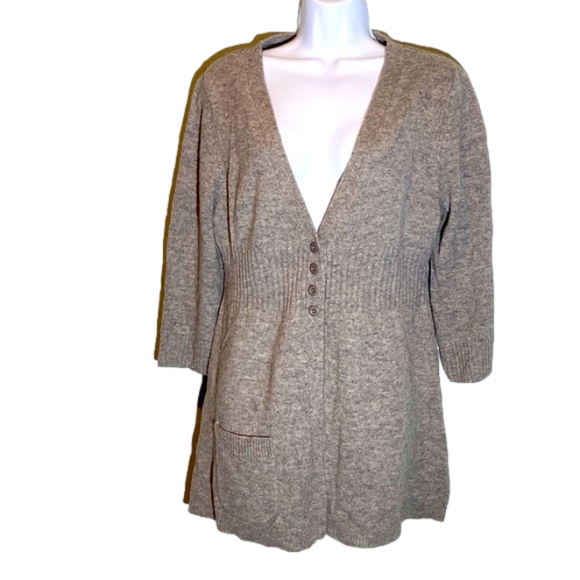 Garnet Hill Sweaters - Garnet Hill Heather Grey Wool Cardigan 4 buttons, long line ribbed waist, L